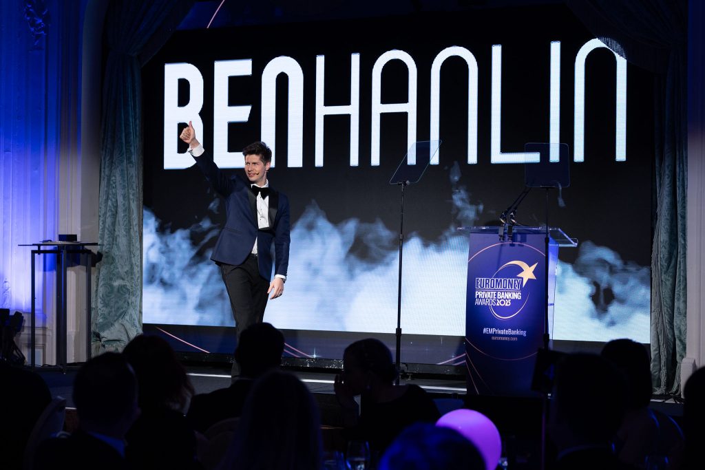 Ben Hanlin awards host UK keeping the audience engaged and entertained.